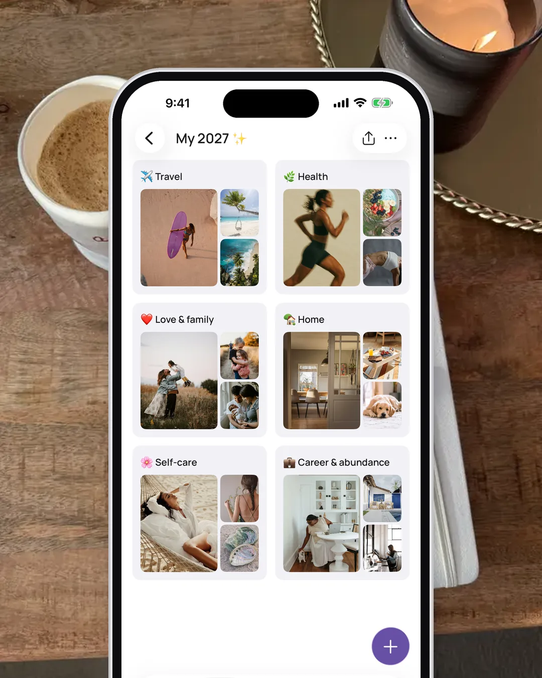 A vision board in the VISIYA app with six life-area tiles