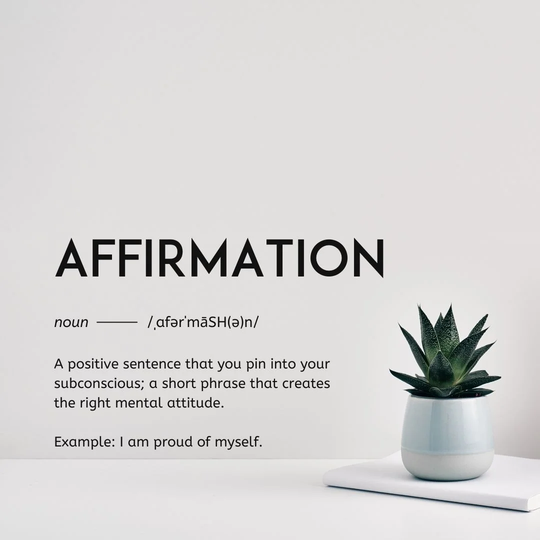 A minimalist "AFFIRMATION" dictionary-style definition card with a potted succulent