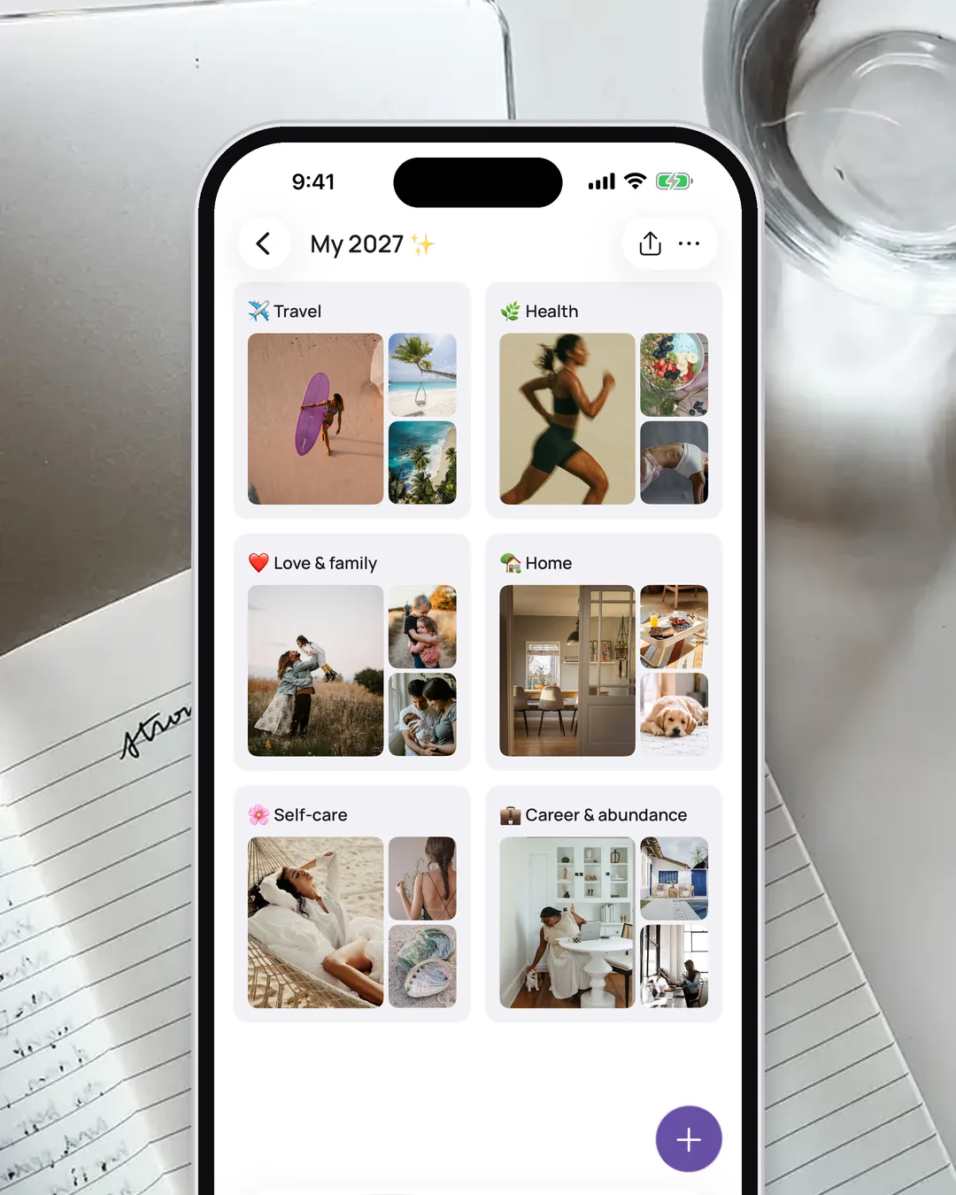 A vision board in the VISIYA app on iPhone, divided into tiles for different life areas