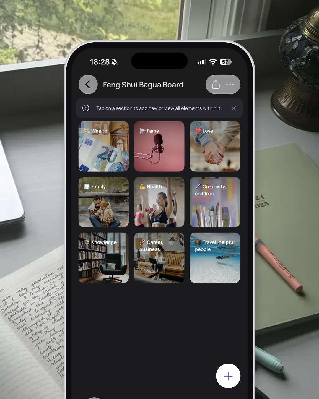 The Feng Shui Bagua Board in the VISIYA app on an iPhone, its nine areas filled with photos, from Wealth and Fame to Travel and helpful people