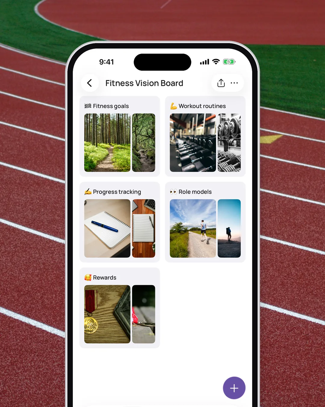 The Fitness board in VISIYA with its five areas filled: Fitness goals, Workout routines, Progress tracking, Role models and Rewards, framed over a red running track