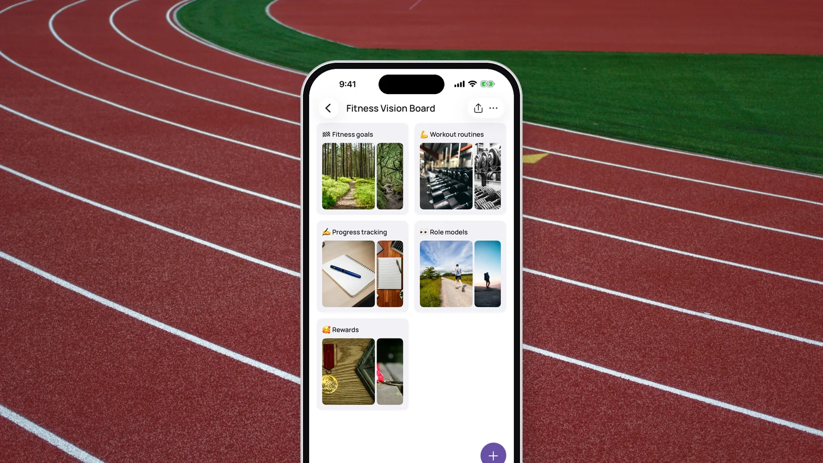 The Fitness Vision Board in the VISIYA app, with photos in its five areas, framed over a running track