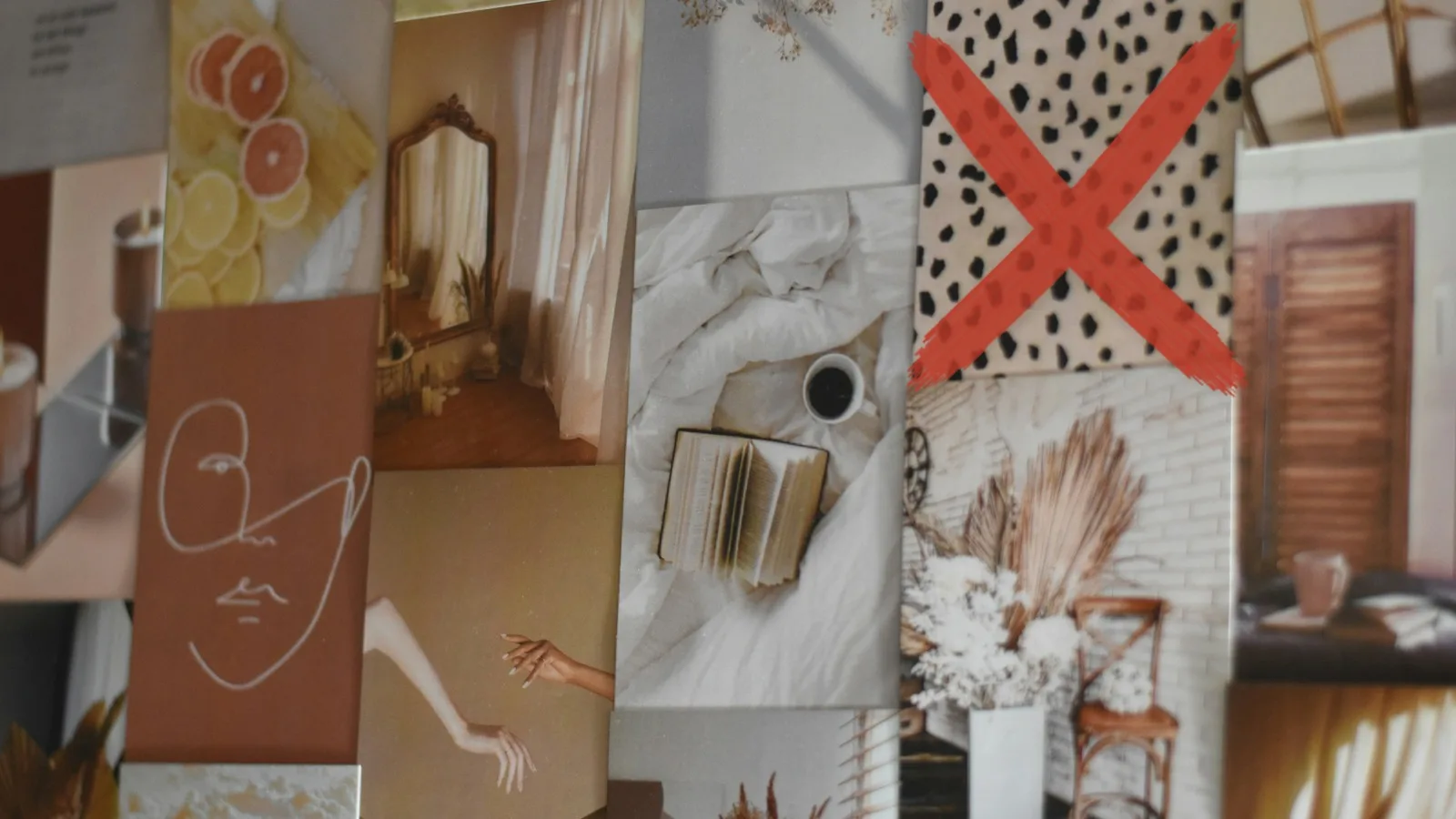 A paper vision board collage with one picture crossed out in red marker