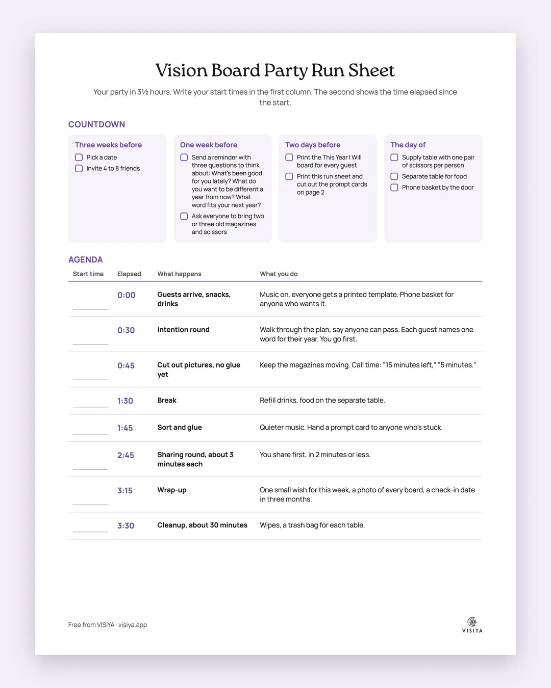 Page 1 of the vision board party run sheet: the countdown checklist and the agenda with a blank start-time column