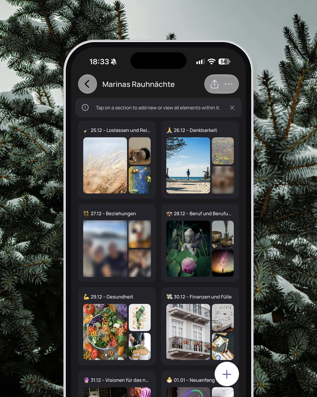 My Twelve Holy Nights board “Marinas Rauhnächte” in VISIYA on an iPhone in dark mode, in German, showing the nights from December 25 to January 1 with my own photos, faces blurred
