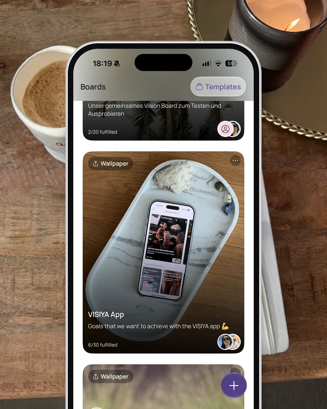 The boards list in VISIYA on an iPhone, with my shared board "VISIYA App: Goals that we want to achieve with the VISIYA app", 6/30 fulfilled