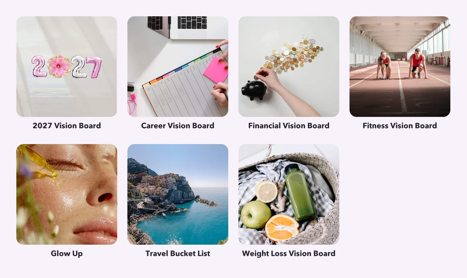 The seven VISIYA Plus templates with their cover pictures: 2027 Vision Board, Career Vision Board, Financial Vision Board, Fitness Vision Board, Glow Up, Travel Bucket List and Weight Loss Vision Board