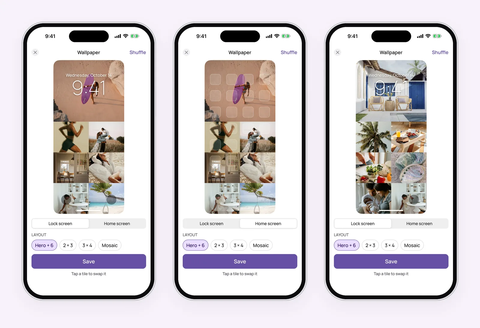 Three VISIYA wallpaper screens side by side: the lock-screen preview, the home-screen preview and a shuffled layout