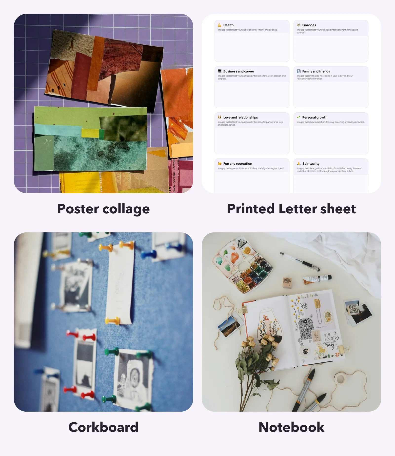 Four vision board formats: collages of torn magazine paper on a cutting mat, the printed Wheel of Balance Board template, prints held by colored pins on a blue felt pinboard, and a notebook with a collage