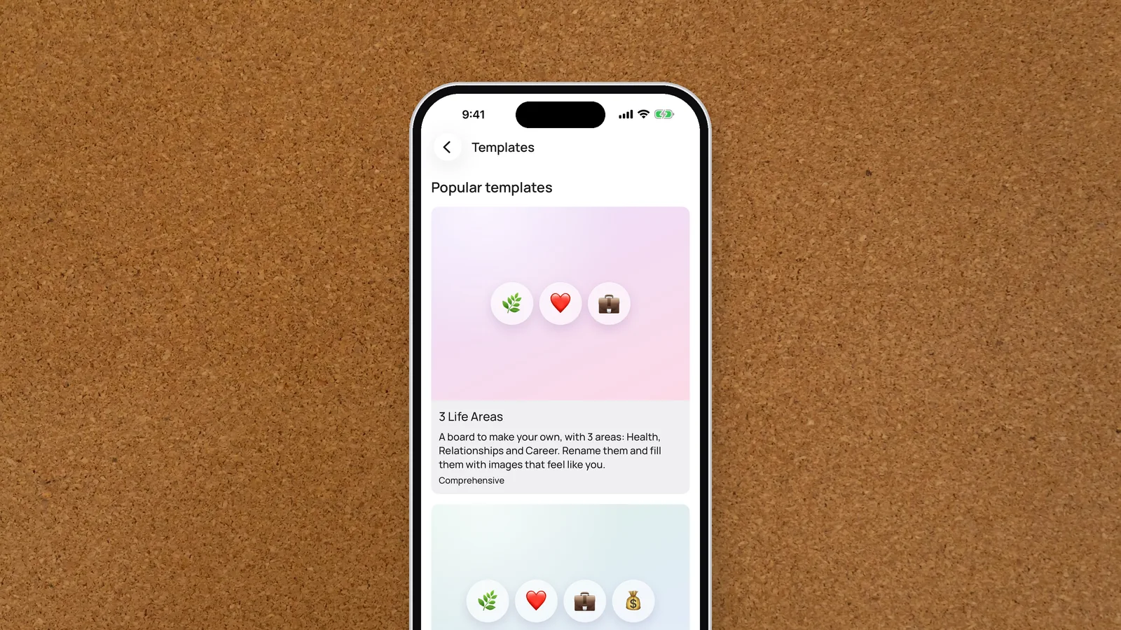 An iPhone showing the VISIYA template gallery in front of an empty corkboard