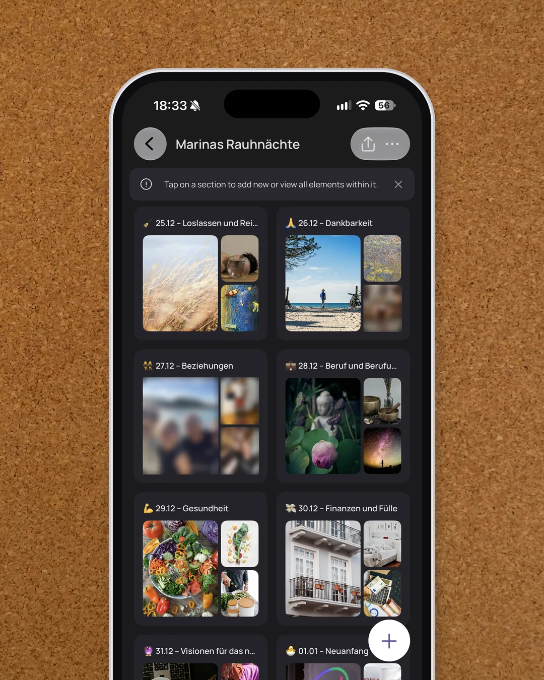 My Twelve Holy Nights board in the VISIYA app in dark mode, in German: one area per night, filled with my own photos, faces blurred