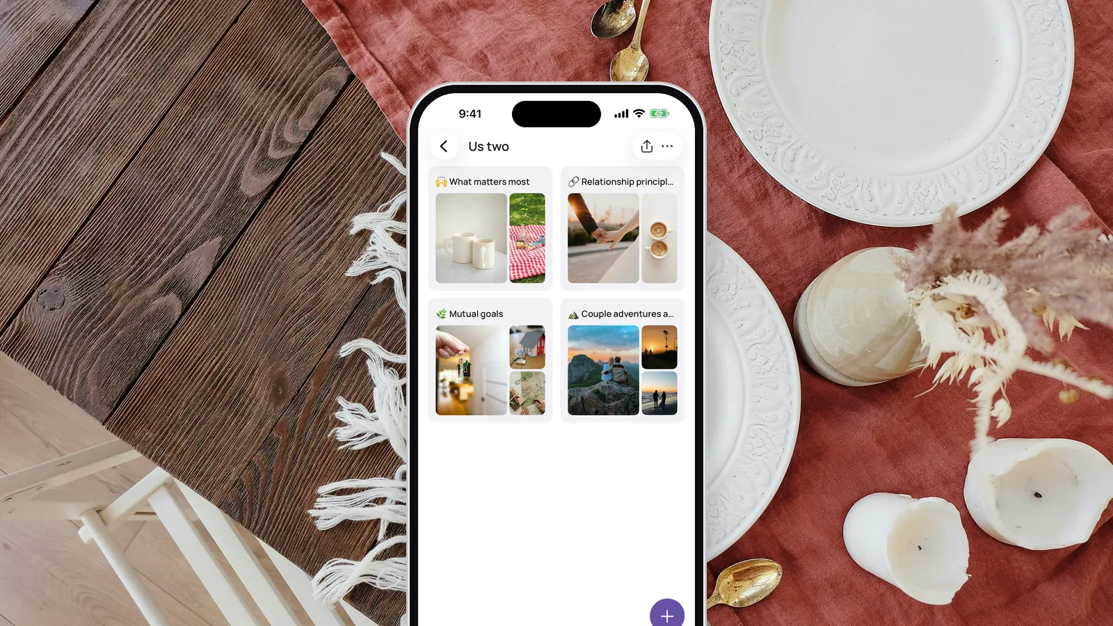 The framed couples board “Us two” from the VISIYA app, with pictures in What matters most, Relationship principles, Mutual goals and Couple adventures and dates