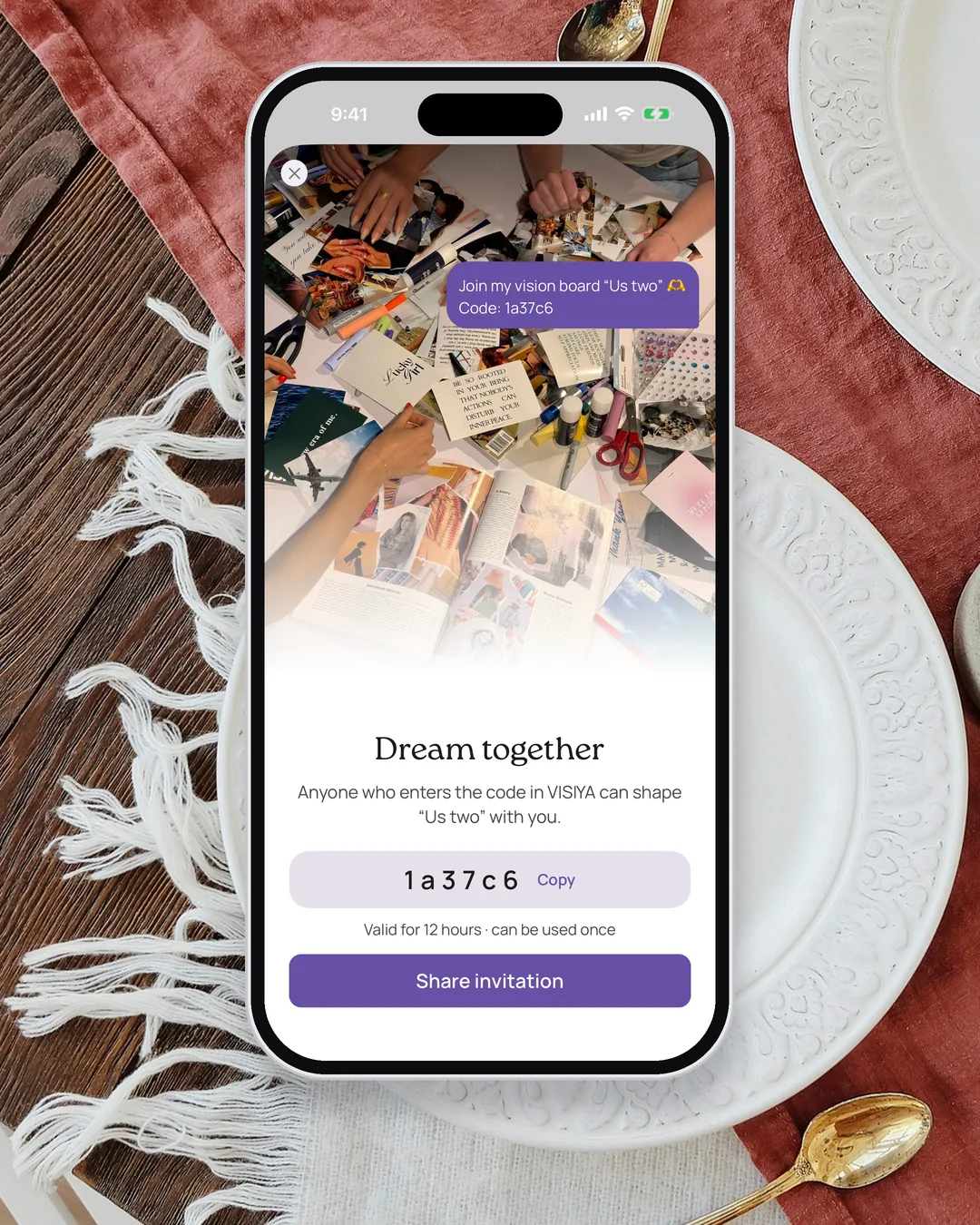 The “Dream together” sheet in VISIYA, inviting a partner to the board “Us two”