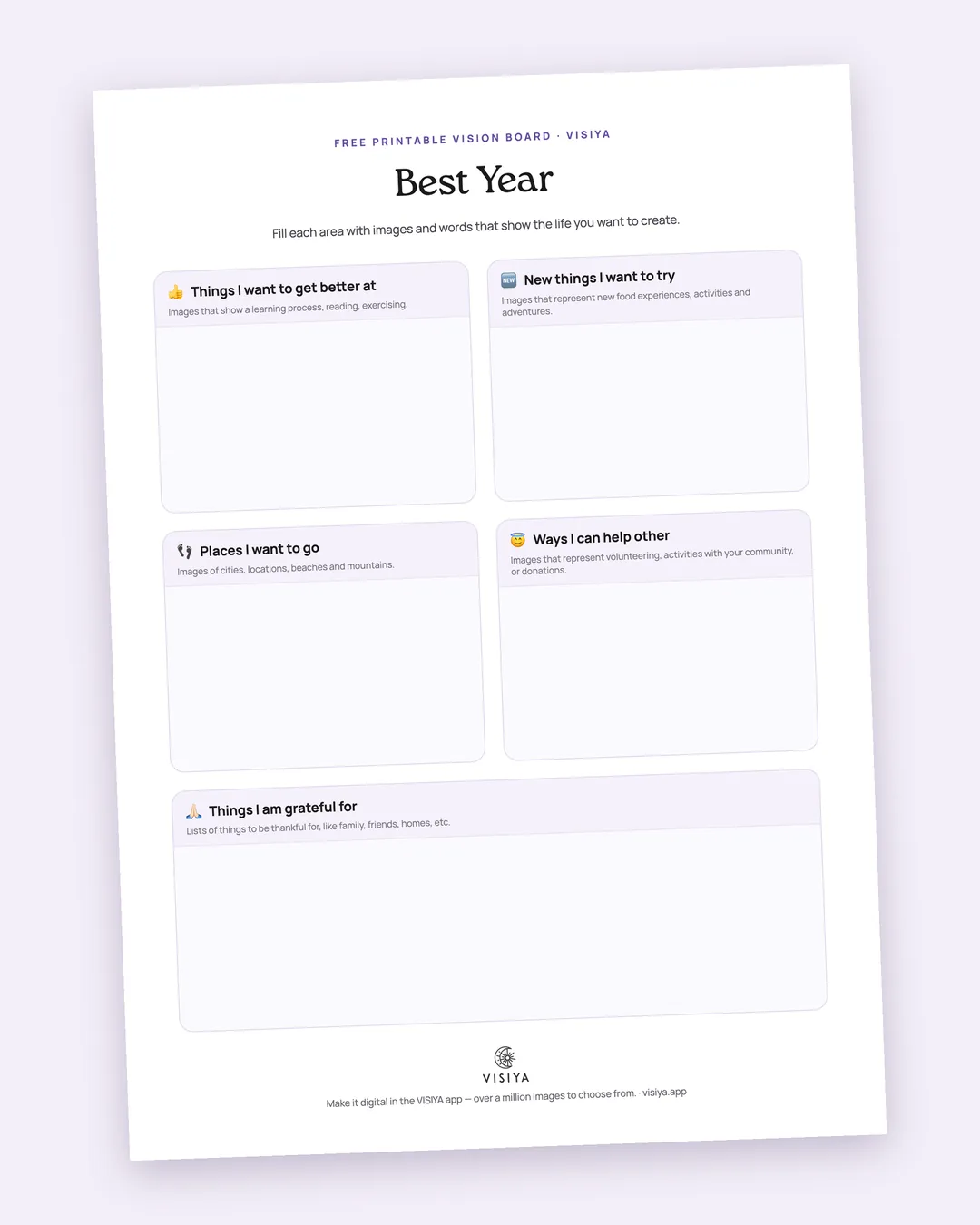 The Best Year template as a printable PDF with five areas, from Things I want to get better at to Things I am grateful for