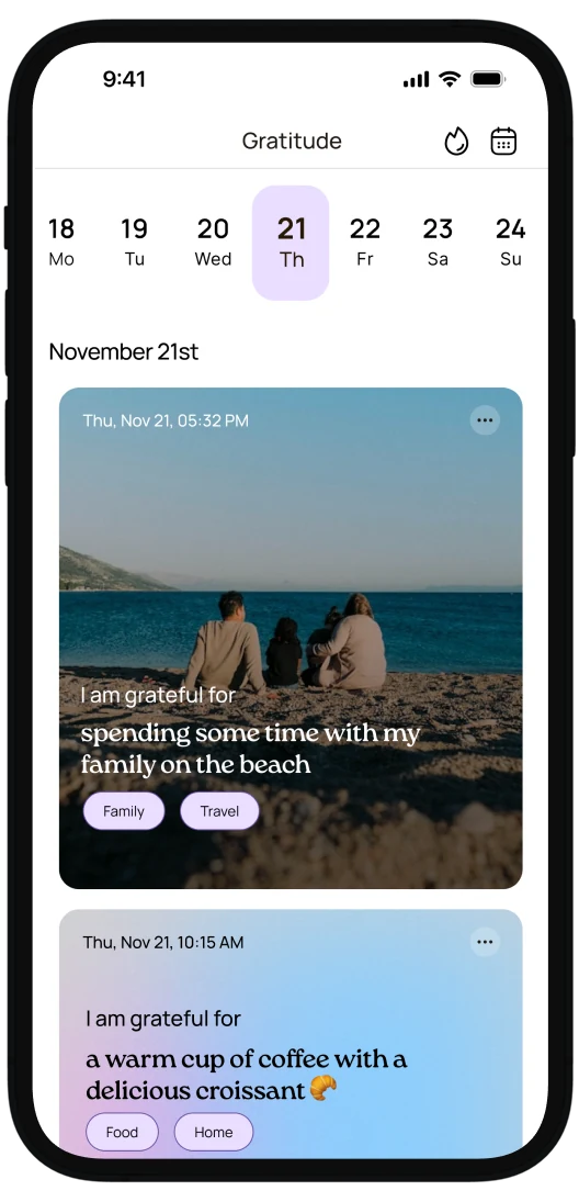 A gratitude journal entry in the VISIYA app on an iPhone
