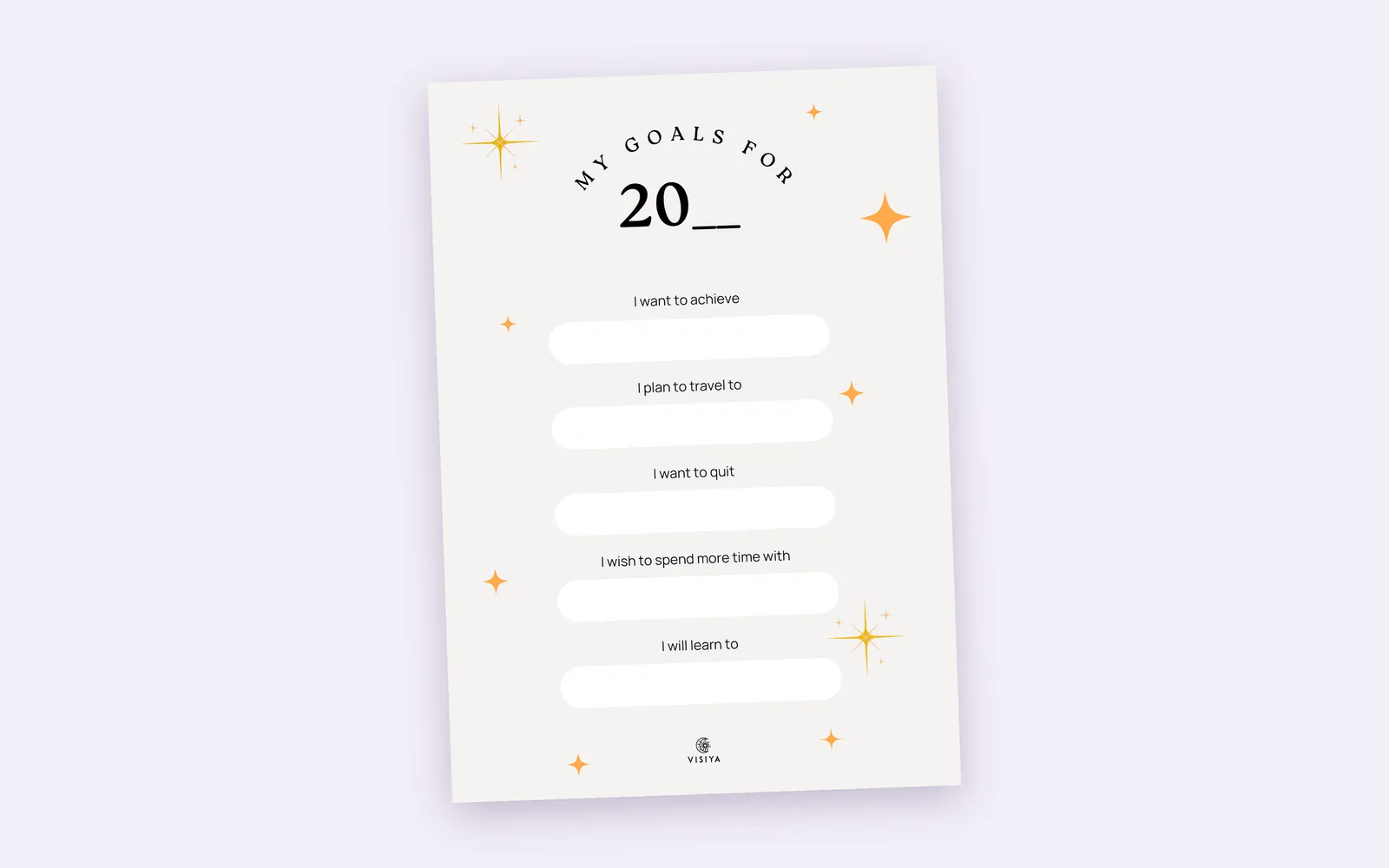 Printable “My goals for 20__” sheet with five lines to fill in: what you want to achieve, where you’ll travel, what you’ll quit, who you’ll spend more time with, and what you’ll learn