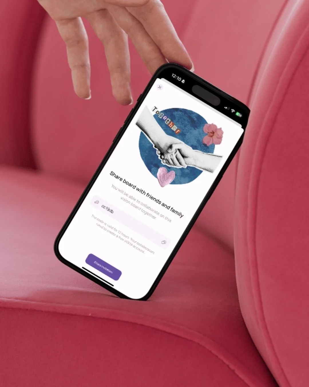 iPhone showing the VISIYA screen for sharing a vision board with friends and family