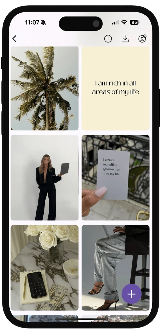 A 2027 vision board with health, travel and family pictures in the VISIYA app