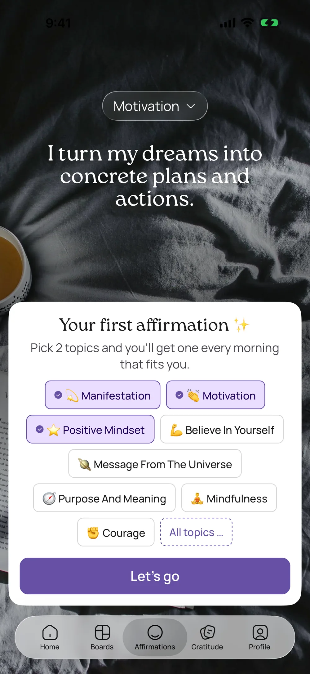 A daily affirmation shown full screen in the VISIYA app on iPhone