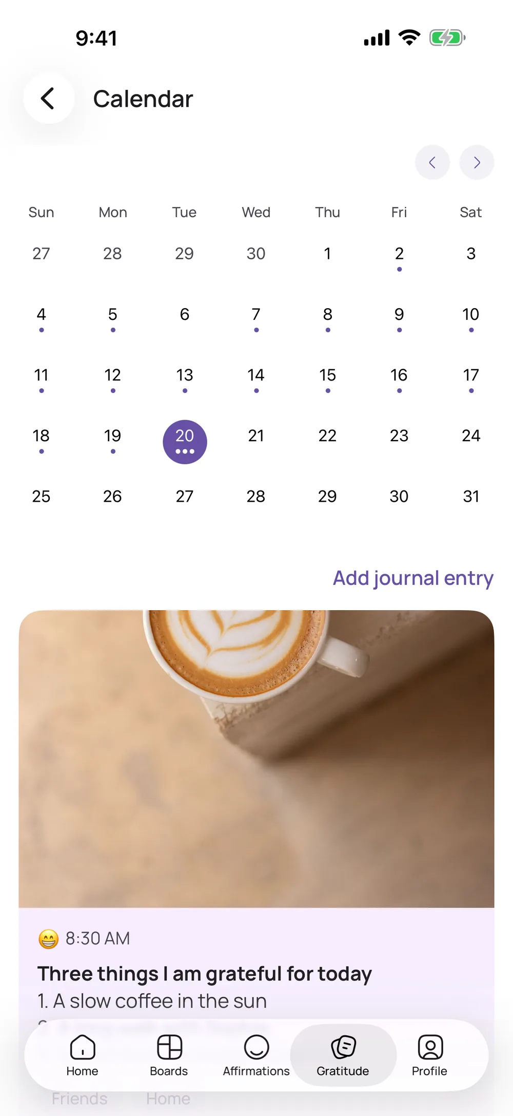 Calendar and your week — VISIYA gratitude journal app