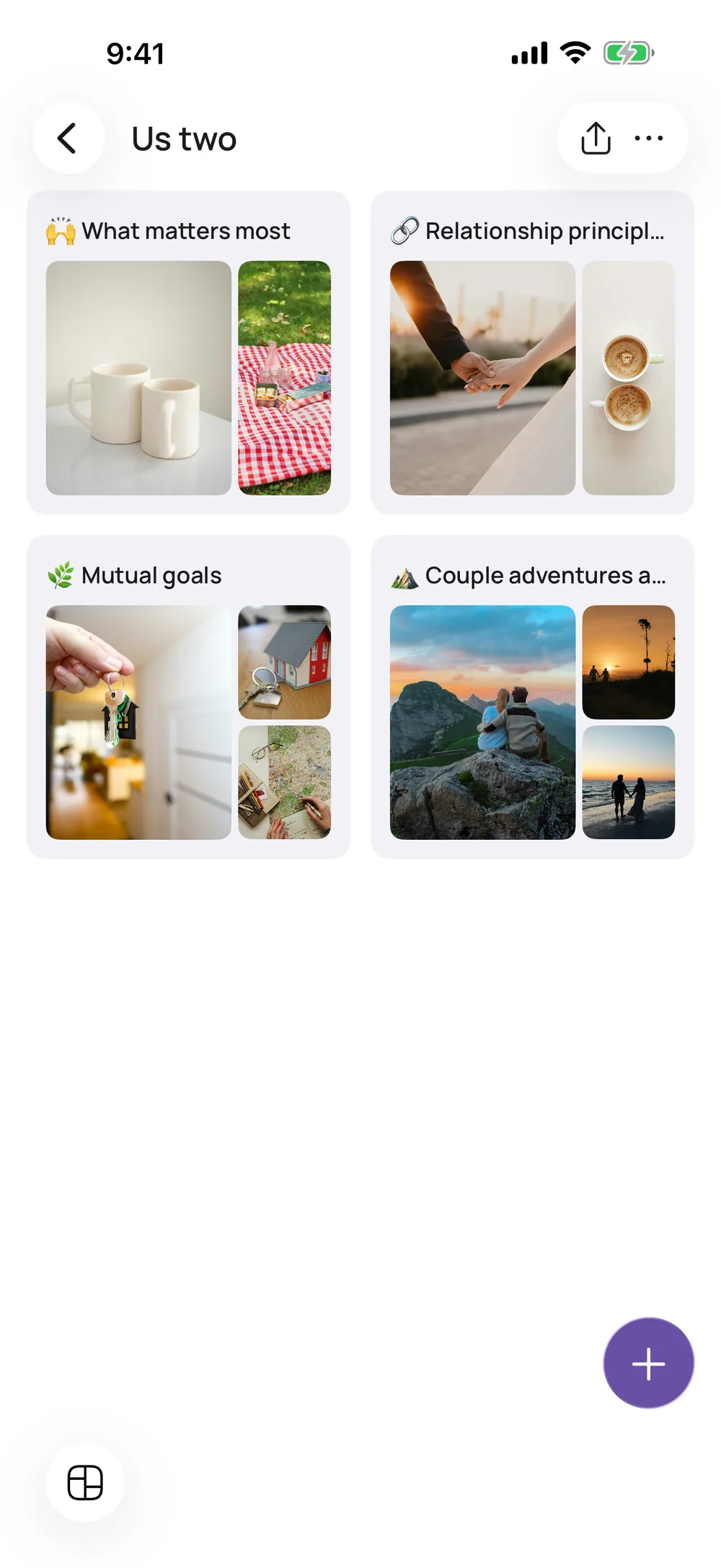 A vision board for couples in VISIYA, with areas like What matters most and Mutual goals