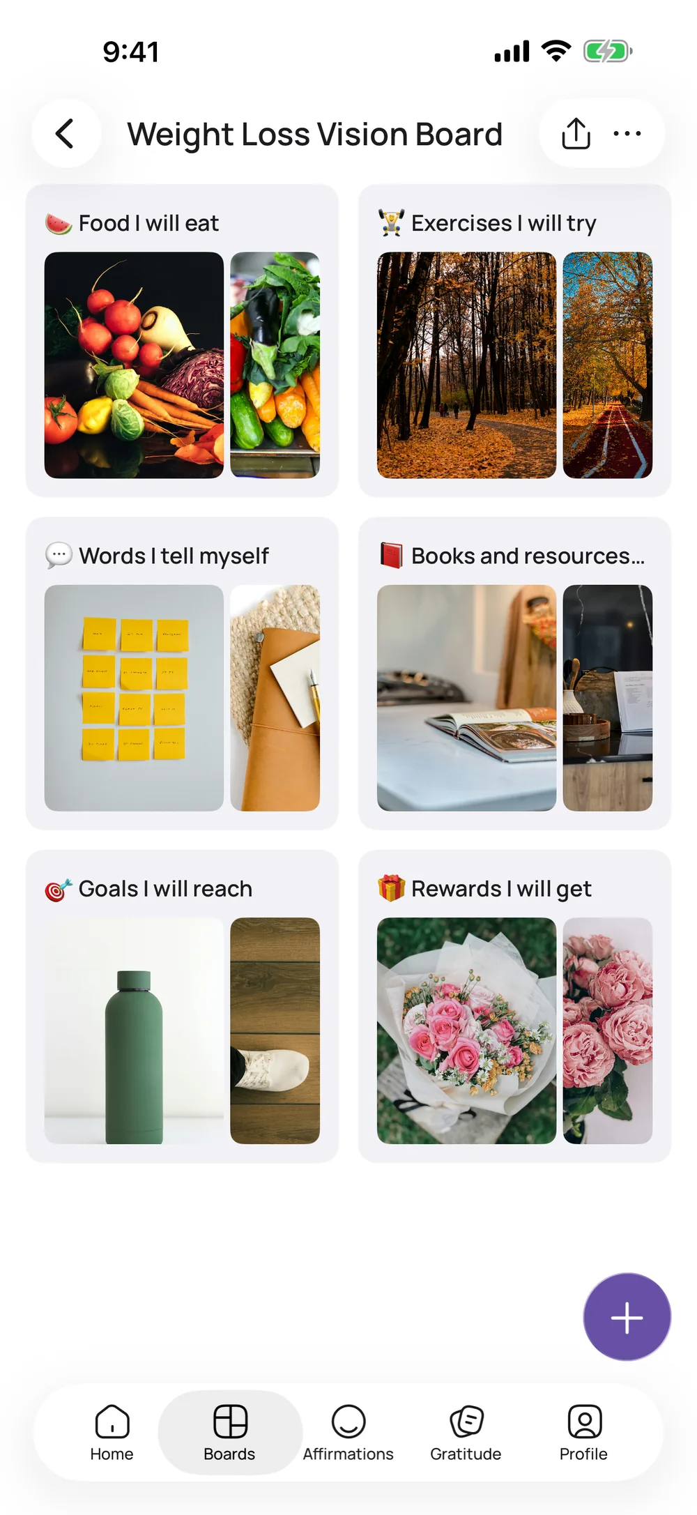 A weight loss vision board in VISIYA, with Food I will eat, Exercises I will try and more