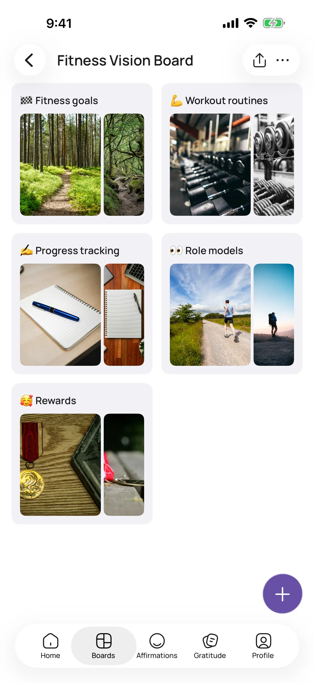 A fitness vision board in VISIYA with fitness goals, workout routines and rewards
