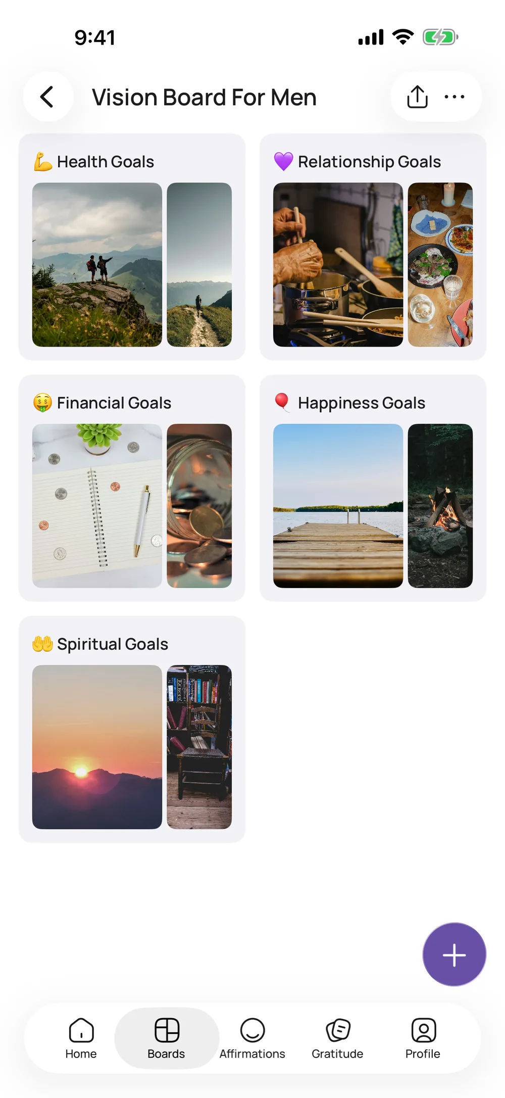 A vision board for men in VISIYA with health, relationship and financial goals