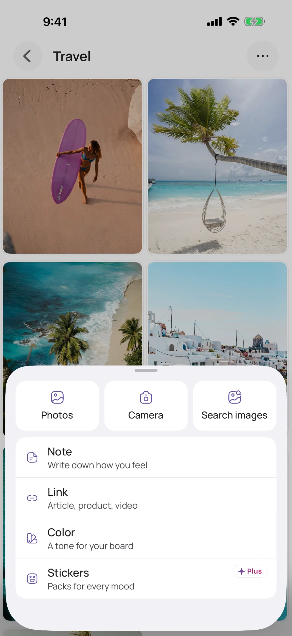 The Travel area in VISIYA with the menu for adding photos, notes, links, colors and stickers