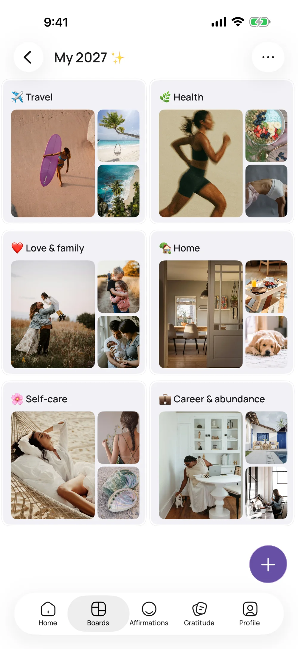 A vision board in VISIYA with six areas: Travel, Health, Love & family, Home, Self-care and Career & abundance