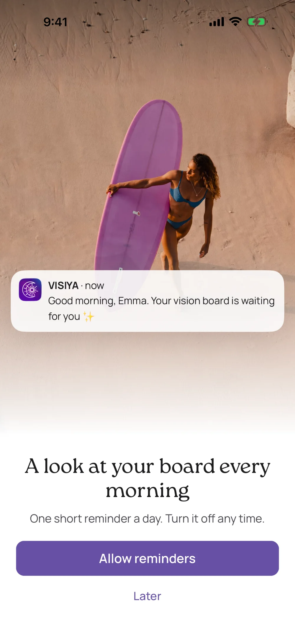 Morning notification from VISIYA: "Good morning, Emma. Your vision board is waiting for you"