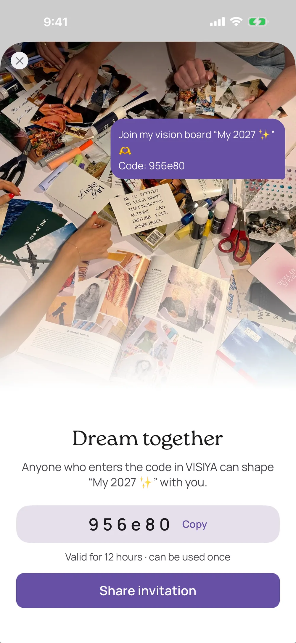 The "Dream together" invite in VISIYA with a code for a friend
