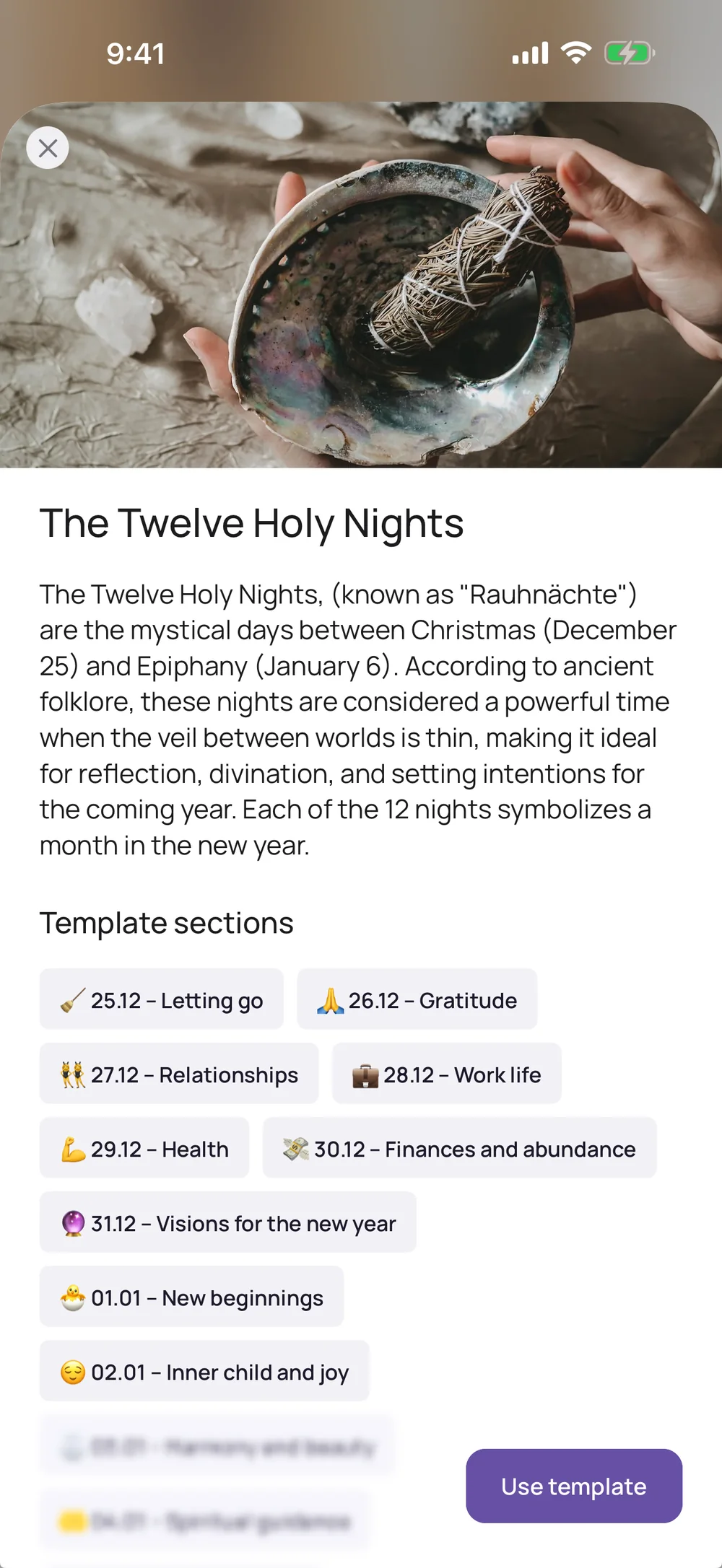 VISIYA on iPhone: preview of the Twelve Holy Nights board with twelve areas