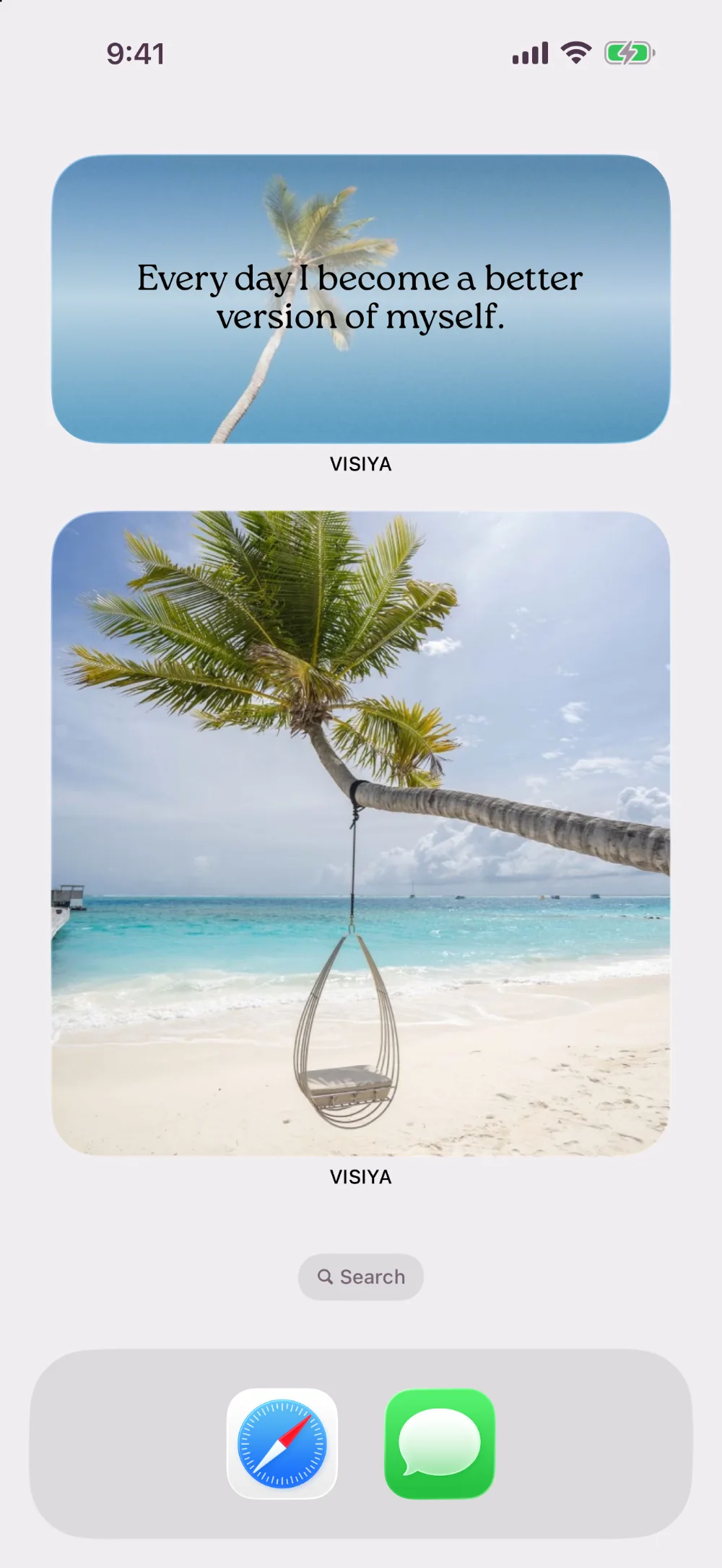 iPhone home screen with the VISIYA widget showing a picture from the vision board