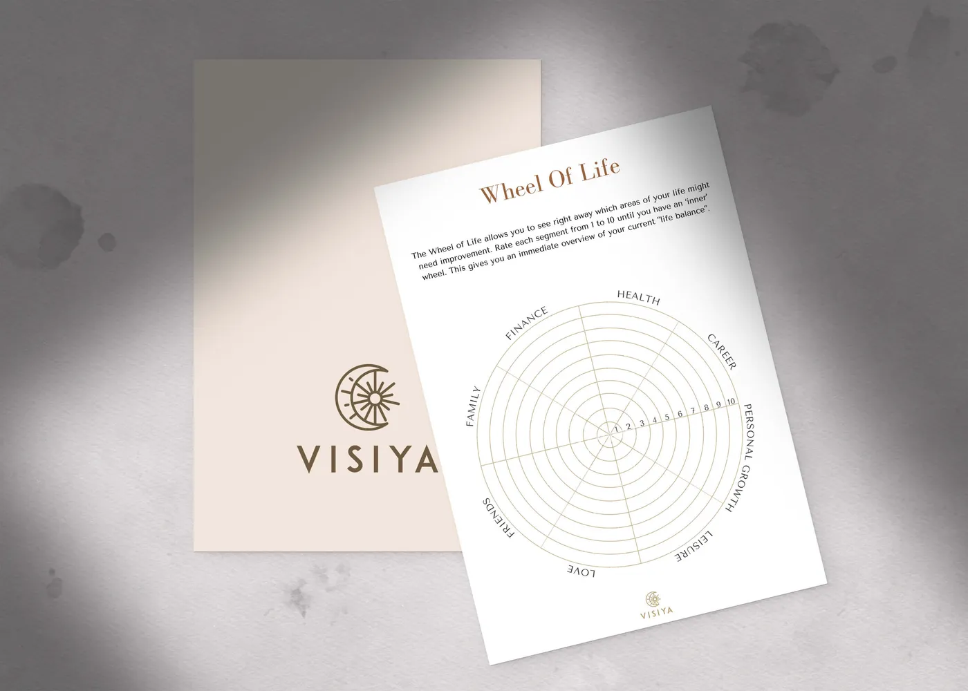A printed Wheel of Life template divided into eight labelled areas, ready to be filled in