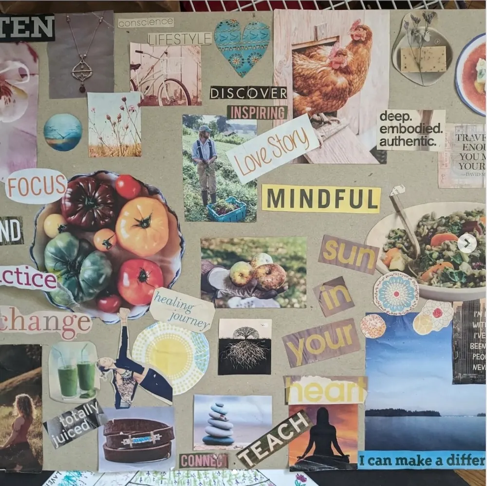 Eine Vision-Board-Collage aus Magazinausschnitten, Fotos und motivierenden Wörtern wie focus, mindful und love story