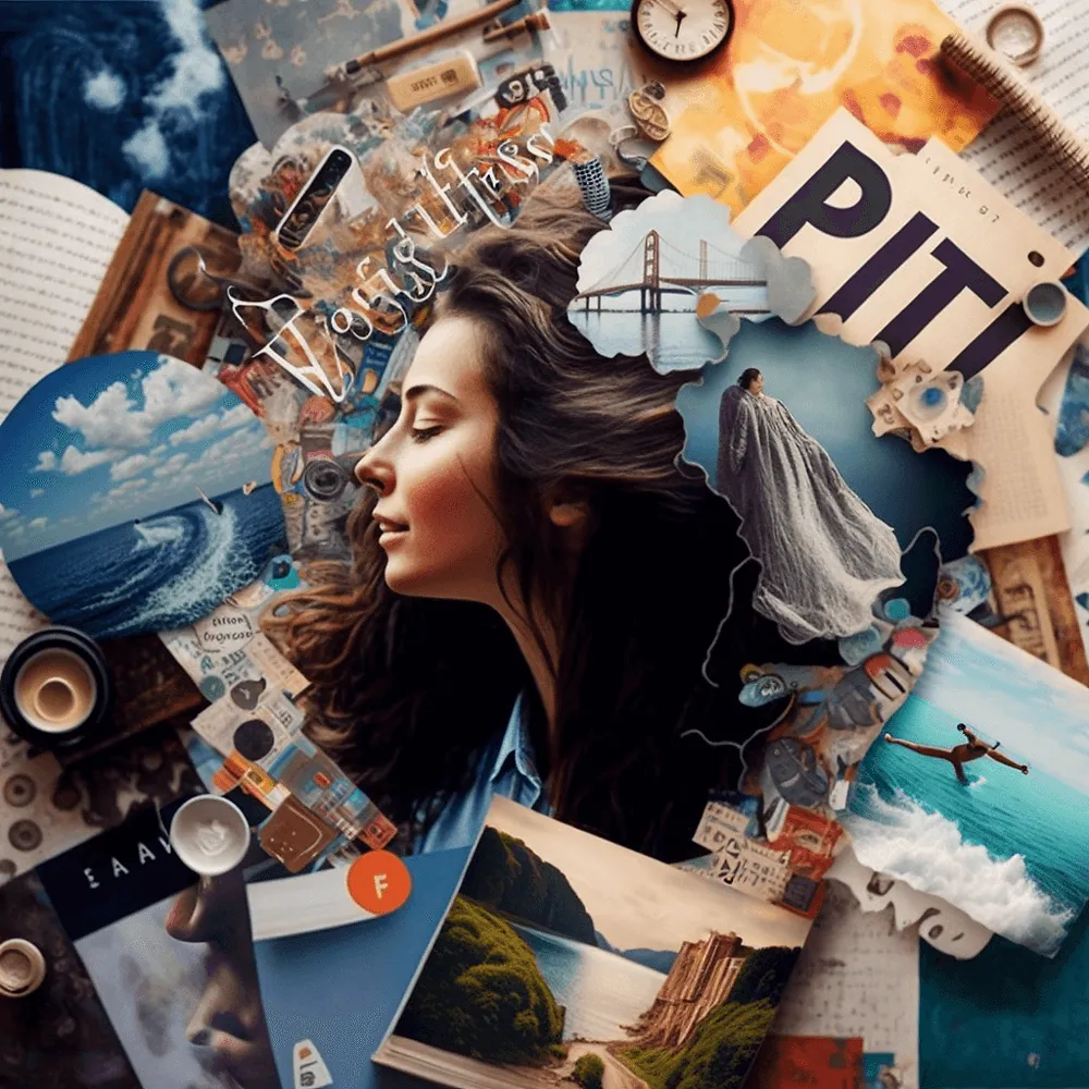 A dreamy vision-board collage of travel, nature and lifestyle imagery
