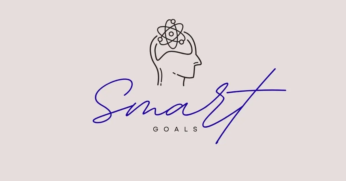 Бежевая графика «Smart Goals» с линейным изображением головы и символом атома