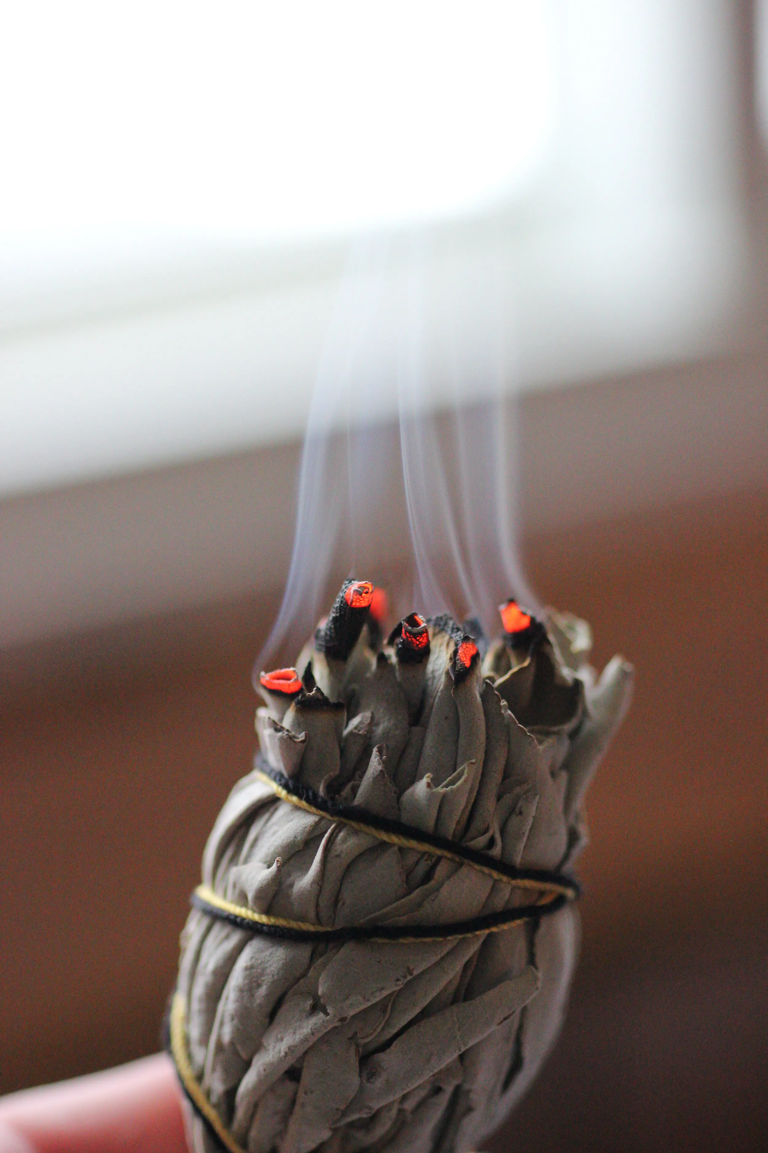 Bound white sage smudge stick glowing with embers, smoke curling upward for a sacred new-year cleansing ritual