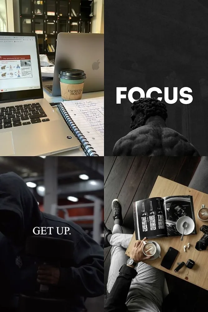 Men's motivational collage with a laptop, coffee, statue and the words FOCUS and GET UP