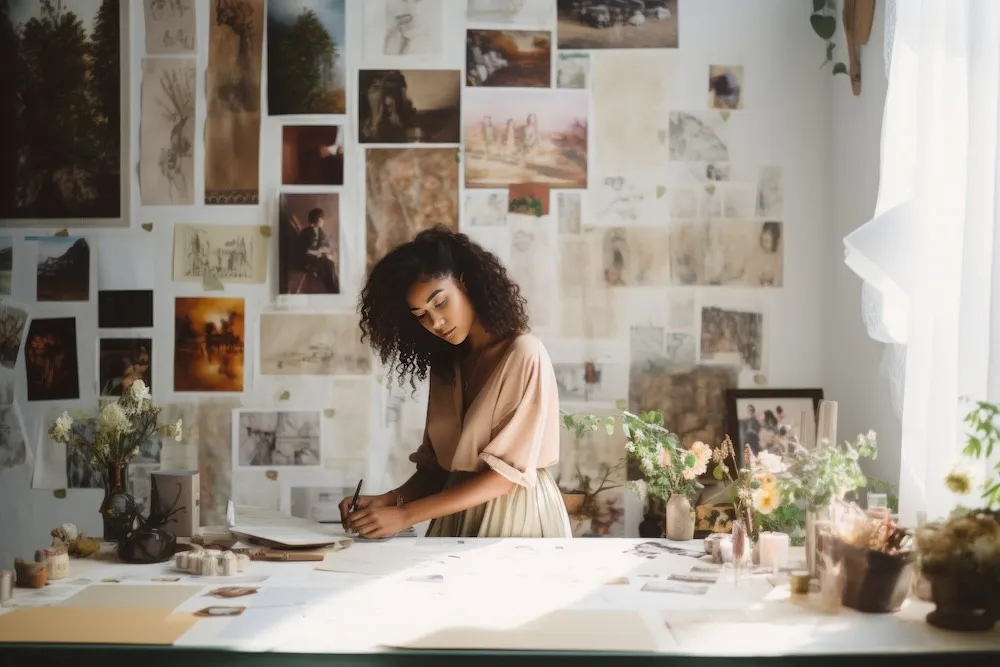 Woman writing at a sunlit desk before a wall covered with pinned photos and sketches