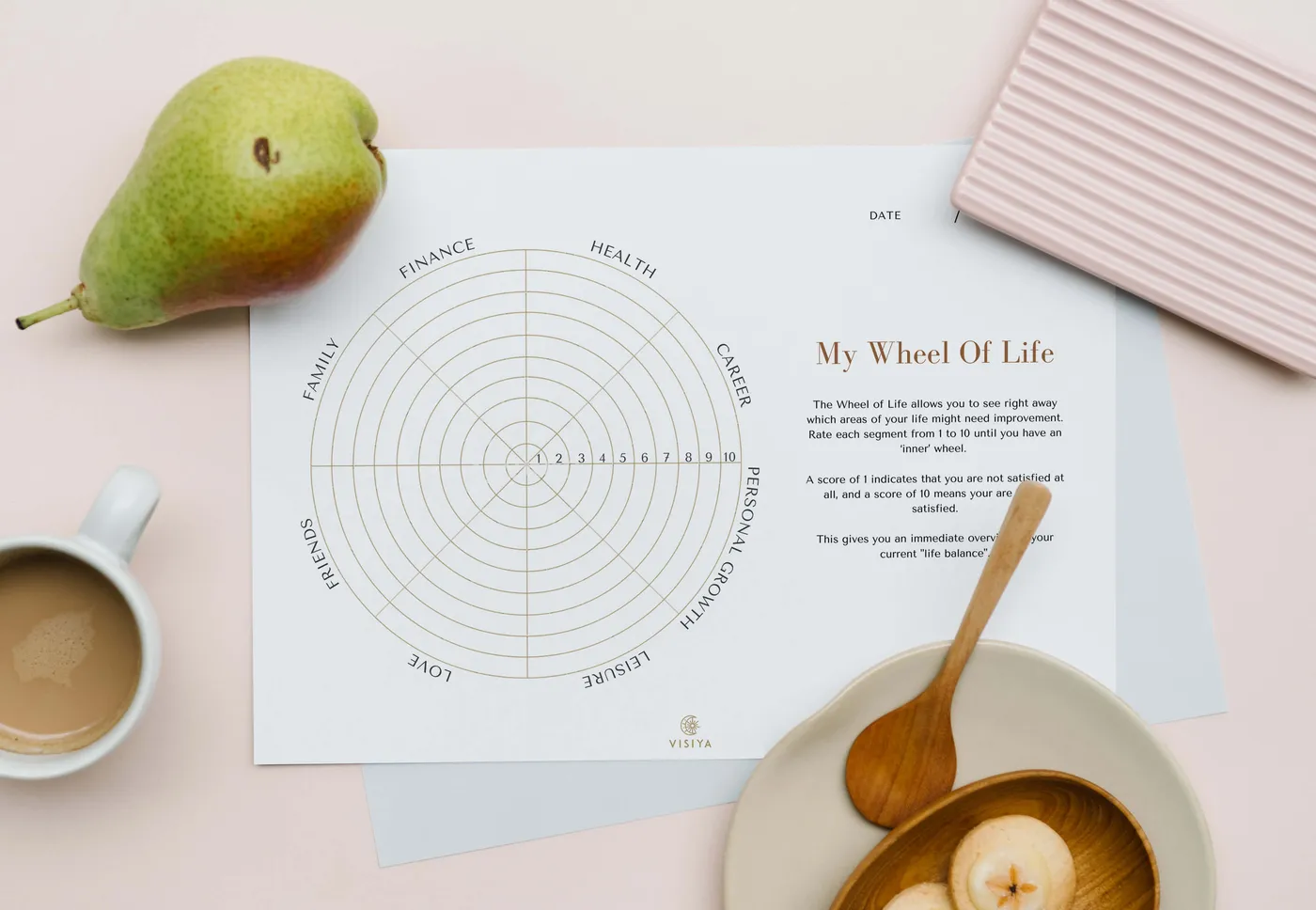 A hand-drawn Wheel of Life template on a sheet of paper resting on a table, divided into scored life-area sectors