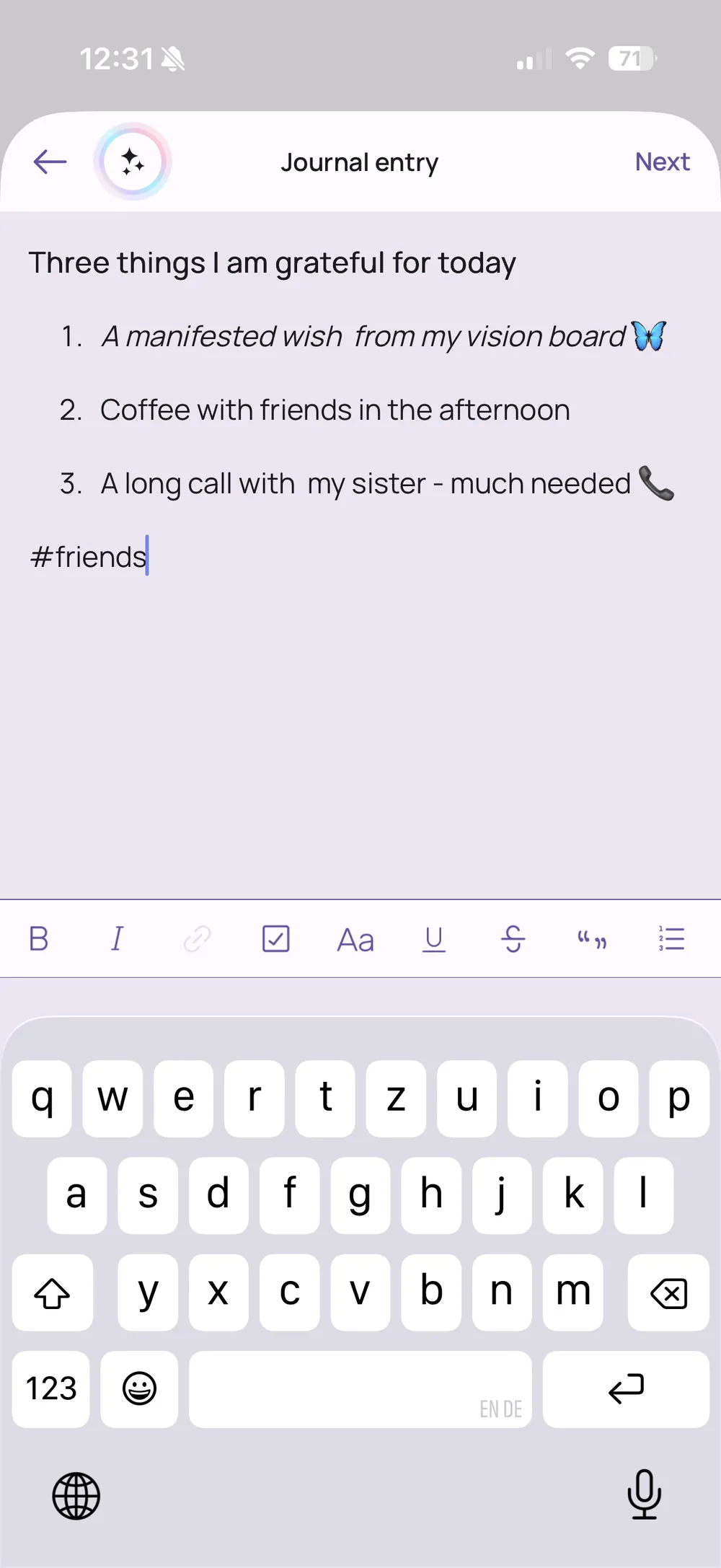 The gratitude journal in the VISIYA app