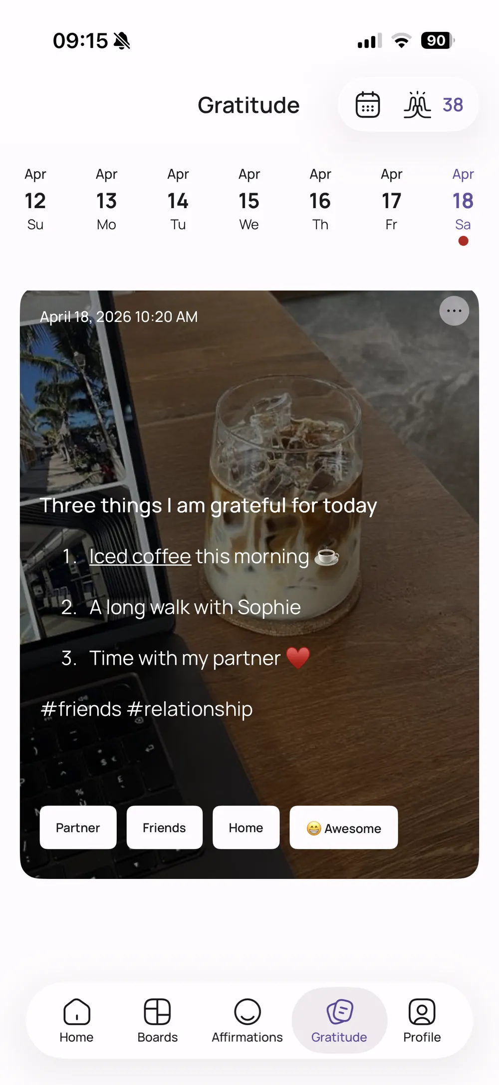 A gratitude journal entry in the VISIYA app