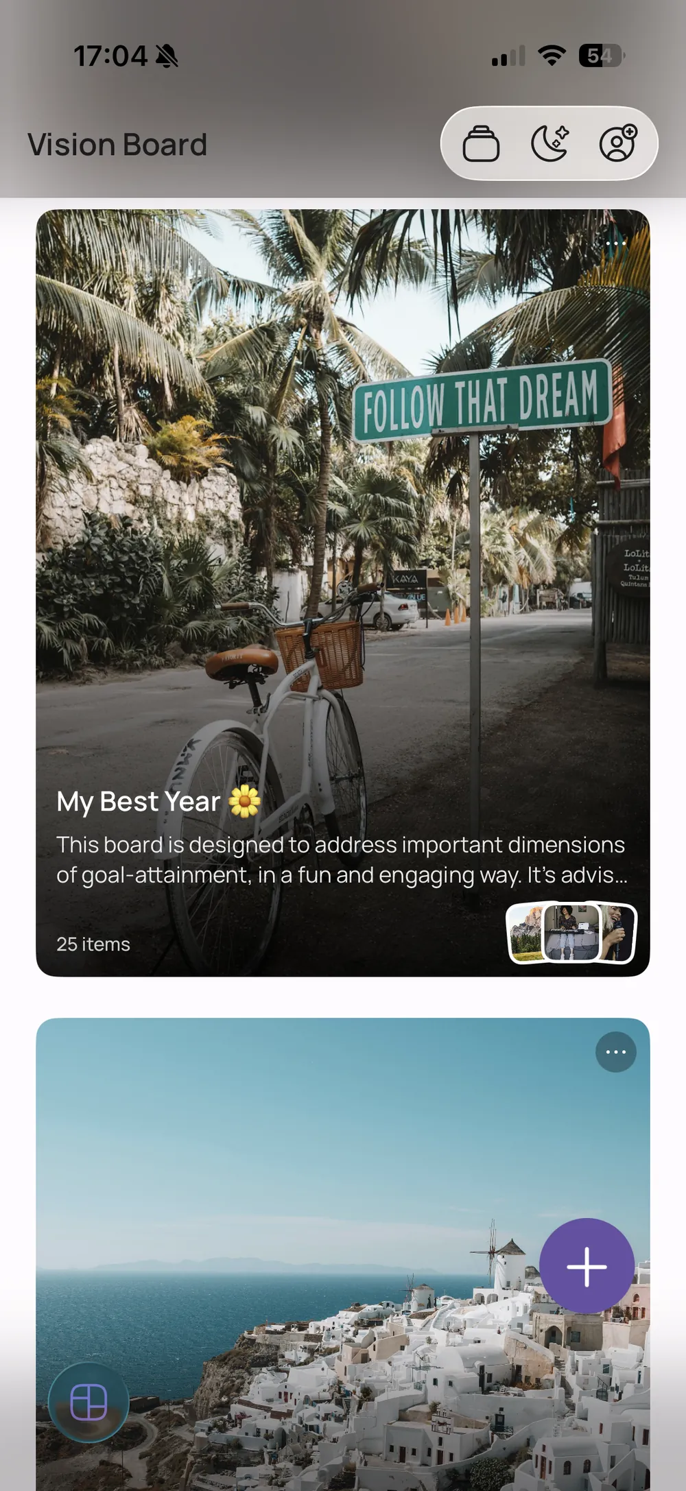 A vision board feed in the VISIYA app