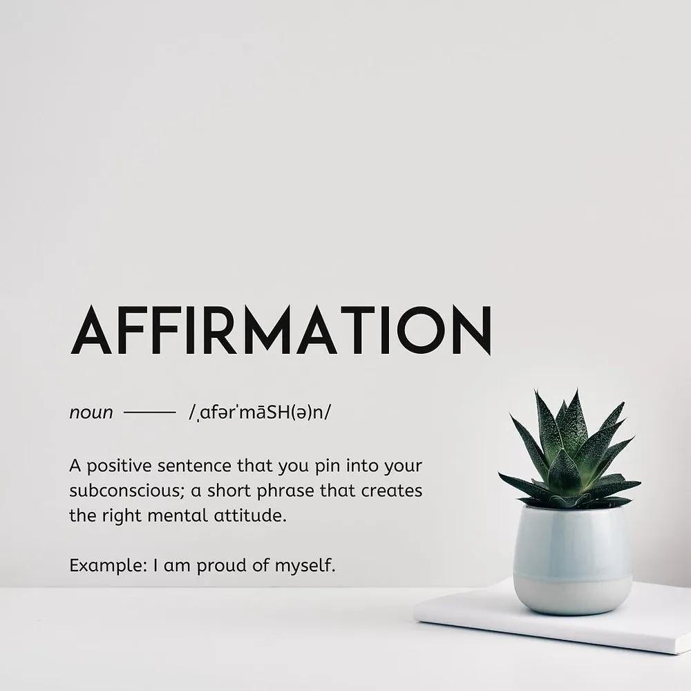 Dictionary-style definition of the word 'AFFIRMATION' beside a small potted succulent on white