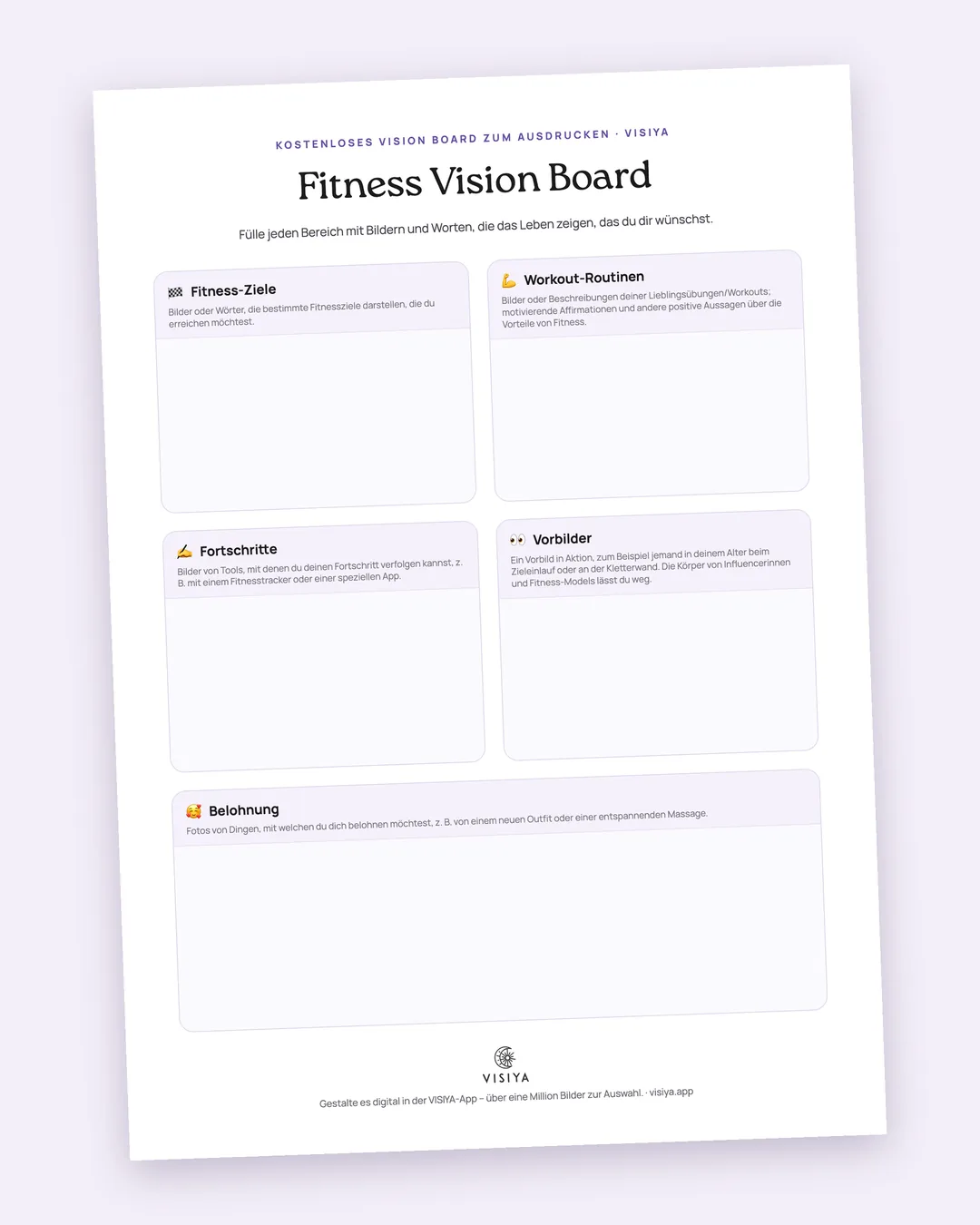 Die kostenlose Fitness Vision Board Vorlage zum Ausdrucken mit den fünf Bereichen aus der App