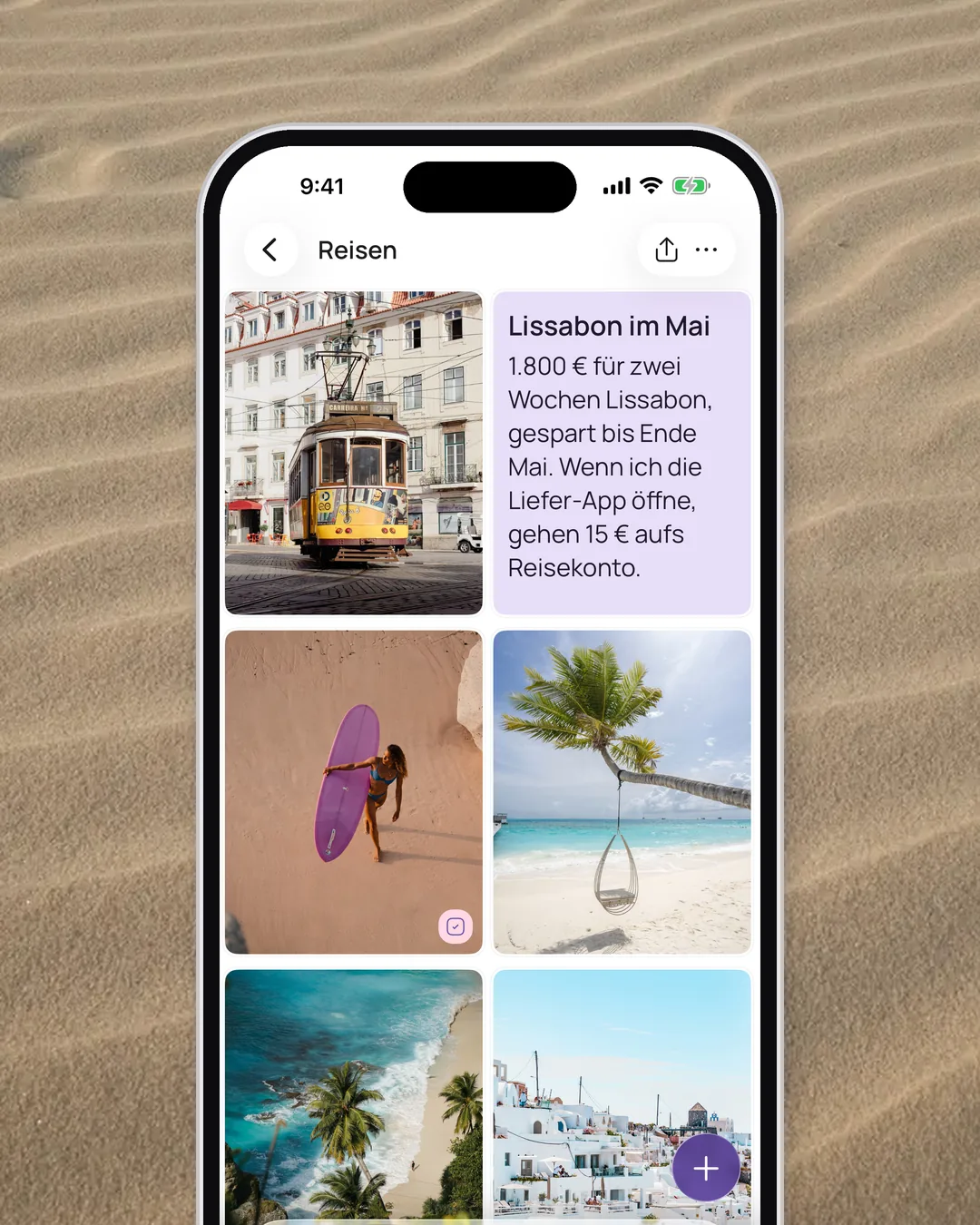 Eine Notiz auf einem Board in der VISIYA-App: ein konkreter Wunsch mit einem Wenn-dann-Plan in derselben Notiz, daneben ein Foto einer Straßenbahn in Lissabon