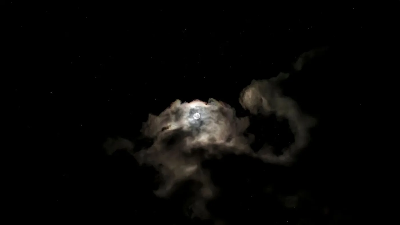 Ein leuchtender Mond, umgeben von ziehenden Wolken und funkelnden Sternen am Nachthimmel