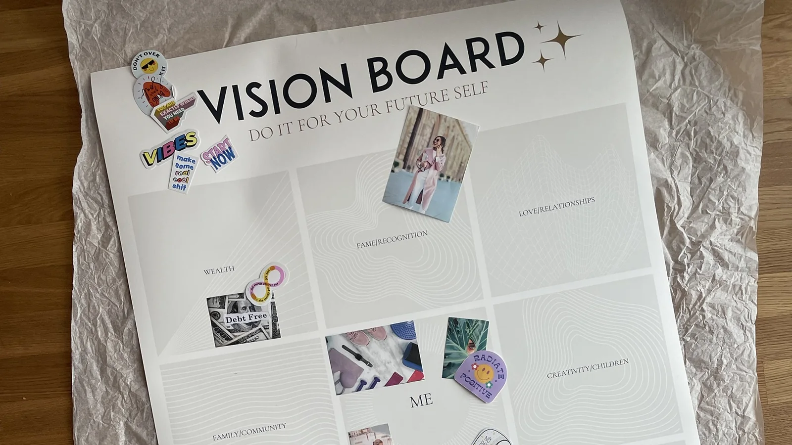 Mein ausgedrucktes Vision-Board-Poster auf dem Holzboden, die Bagua-Bereiche rund um „Me“ in der Mitte, die ersten Ausschnitte und Sticker sind schon drauf